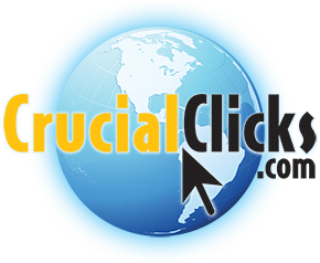 CrucialClicks.com Logo, which looks like an Earth Globe with 'Crucial' in a bright and warm yellow font with 'Clicks.com' in a deep, dark, black font.